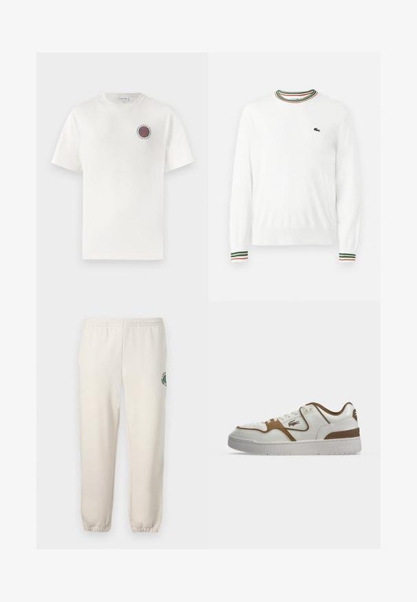Valge sviiter, millel on ümmargune kaelus ja rohelised, punased ning oranžid triibud kaeluse ja varrukate ääres. Rinnal Lacoste logo.; Valge puuvillane T-särk lühikeste varrukatega, millel on vasakul rinnal ümmargune sinine ja oranž "Tennis Heritage" logo.; Heledadbežased püksid, mis on valmistatud puuvillast, varustatud elastse vöökohtaga, soonikute lõpetustega ja vasakul jalal on roheline logo lehe kujundusega.; Valge ja pruun madala säärega tennisejalanõu ees tikkudega, Lacoste krokodilli logo küljel ja paks valge tallaga, millele on brändinimi reljeefne.