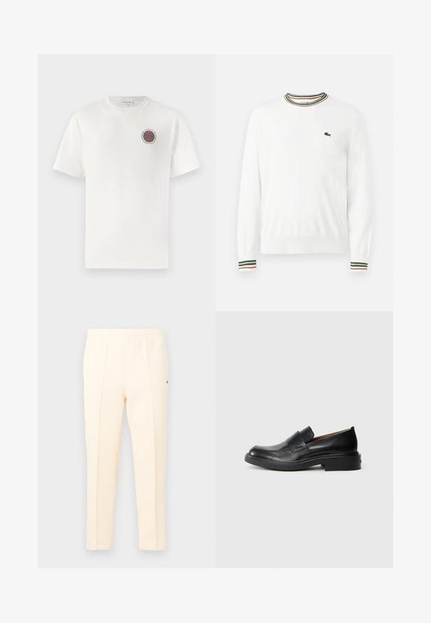 Biely sveter s okrúhlym výstrihom, ktorý má na golieri a rukávoch pruhy v zelených, červených a oranžových odtieňoch. Logo Lacoste na hrudi.; Biela bavlnená tričko s krátkymi rukávmi, s kruhovým modro-oranžovým logom "Tennis Heritage" na ľavej hrudi.; Slim-fit nohavice svetlo krémovej farby s elastickým pásom, bočnými pruhmi a malým vyšitým zeleným logom krokodíla na vrchnej pravej stehne.; Čierne kožené slip-on formálne topánky s nízkym podpätkom a diskrétnym logom Calvin Klein na boku, zobrazené v profilu na bielom pozadí.