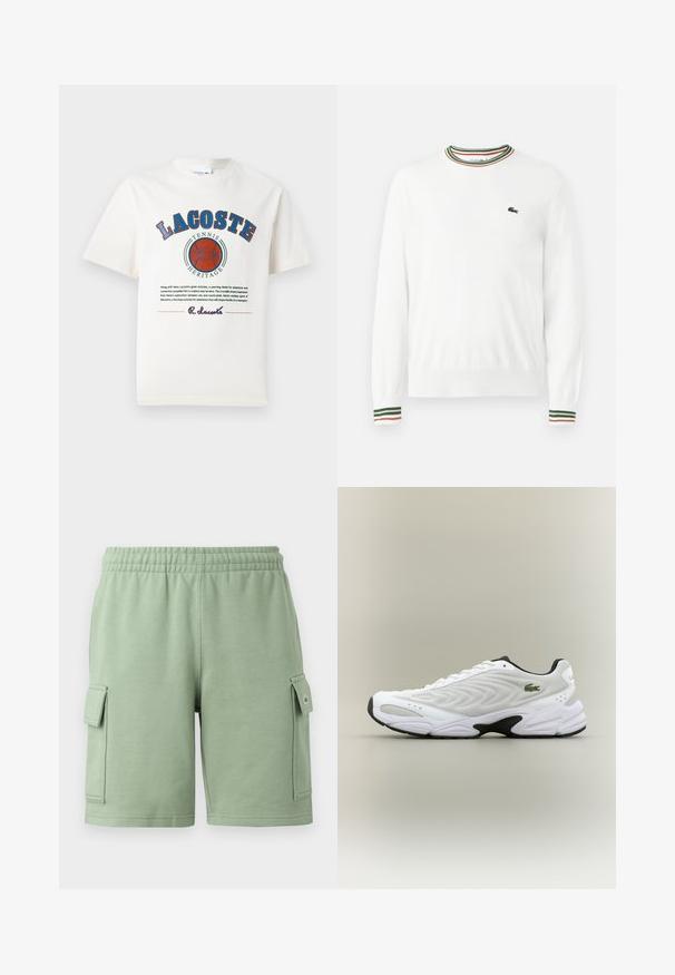 Witte trui met ronde hals, voorzien van groene, rode en oranje gestreepte accenten op de kraag en mouwen. Lacoste-logo op de borst.; Witte katoenen t-shirt met blauwe en rode grafische tekst, illustraties en een logo op de voorkant, met een ronde halslijn en korte mouwen.; Groene katoenen shorts met een elastische tailleband, twee zijvakjes en een klein logo op de linker broekzak.; Witte sportieve schoen met een textuur van gaas bovenwerk, gebogen ontwerp en contrasterende zwarte zool. Heeft een groen geborduurd logo aan de zijkant.