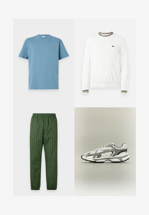 Weißer Pullover mit Rundhalsausschnitt, versehen mit grünen, roten und orangefarbenen gestreiften Akzenten am Kragen und den Ärmeln. Lacoste-Logo auf der Brust.; Helles blaues Baumwoll-T-Shirt mit Rundhalsausschnitt, kurzen Ärmeln und kleinem gesticktem Logo auf der Brust. Flache Textur, lässiges Design.; Grüne Sporthose mit Muster, elastischem Bund, schmal zulaufenden Beinen und durchgehend geometrischem Design. Hergestellt aus leichtem Material.; Sportschuh mit einem weißen Mesh-Obermaterial, grauen Akzenten, schwarzer Gummisohle und einem aerodynamischen Design. Verfügt über Schnürsenkel und strukturierte Details.