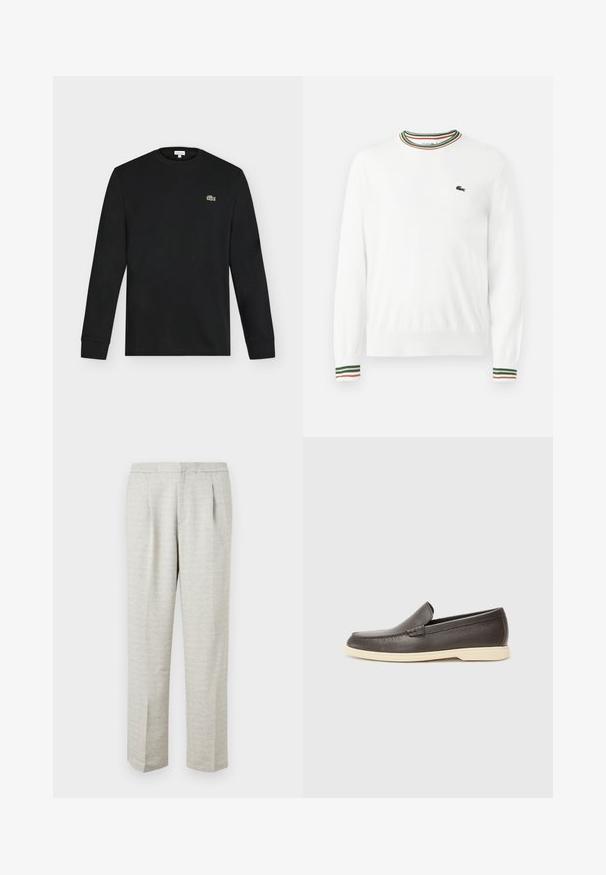 Suéter blanco con cuello redondo, que presenta acentos de rayas verdes, rojas y naranjas en el cuello y las mangas. Logo de Lacoste en el pecho.; Camiseta negra de manga larga con cuello redondo y pequeño logo verde de cocodrilo en el pecho izquierdo, mostrada sobre un fondo claro y liso.; Pantalones gris claro con una tela texturizada, que presentan un corte recto, frente con pliegues y cinturilla estándar. Sin bolsillos o acentos visibles.; Zapatos de cuero marrón tipo slip-on con una superficie texturizada y una suela en un tono beige claro, con punta redondeada y detalles de costura mínimos.