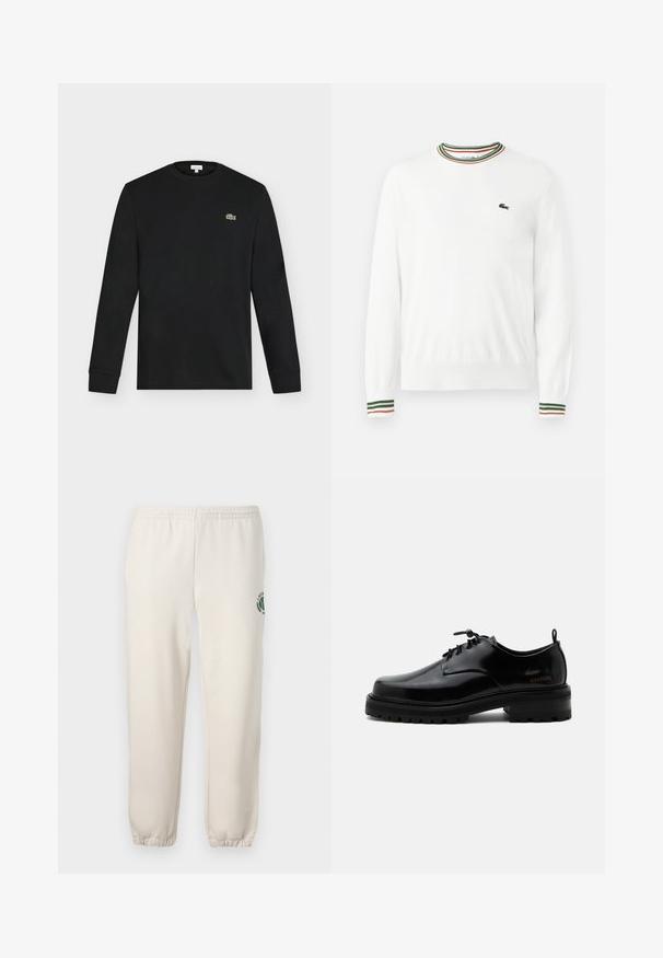 Hvid sweater med rund hals, prydet med grønne, røde og orange striber på kraven og ærmerne. Lacoste-logo på brystet.; Sort langærmet crew neck skjorte med lille grønt krokodillelogo på venstre bryst, vist mod en ensartet lys baggrund.; Lys beige sweatpants lavet af bomuld, med elastisk talje, ribbede mansjetter og et grønt logo med bladdesign på venstre ben.; Sort poleret læder snørestøvle med tyk gummisål og lav hæl, sideskilt med mærketekst "SAMSOE" og bageste træksnor.