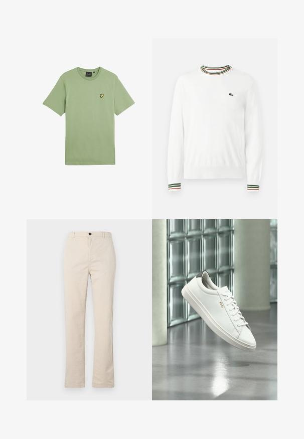 Valkoinen neule, jossa on pyöreä kaula-aukko, ja joka on varustettu vihreillä, punaisilla ja oransseilla raidoilla kauluksessa ja hihoissa. Lacoste-logo rinnassa.; Vihreä lyhythihainen t-paita sileästä kankaasta, jossa on pieni keltainen lintulogo vasemmassa rinnassa. Pyöreä pääntie.; Vaaleanbeiget puuvillahousut suoralla lahkeella, jossa on etupainike, vetoketju ja vähäiset ompeluyksityiskohdat.; Valkoinen nahkainen matalakorkoinen lenkkari nauhoilla, musta kantakappale ja "BOSS"-logo, leijuu sisätiloissa lähellä lasiseinäpalikkaa ja kiillotettua lattiaa.