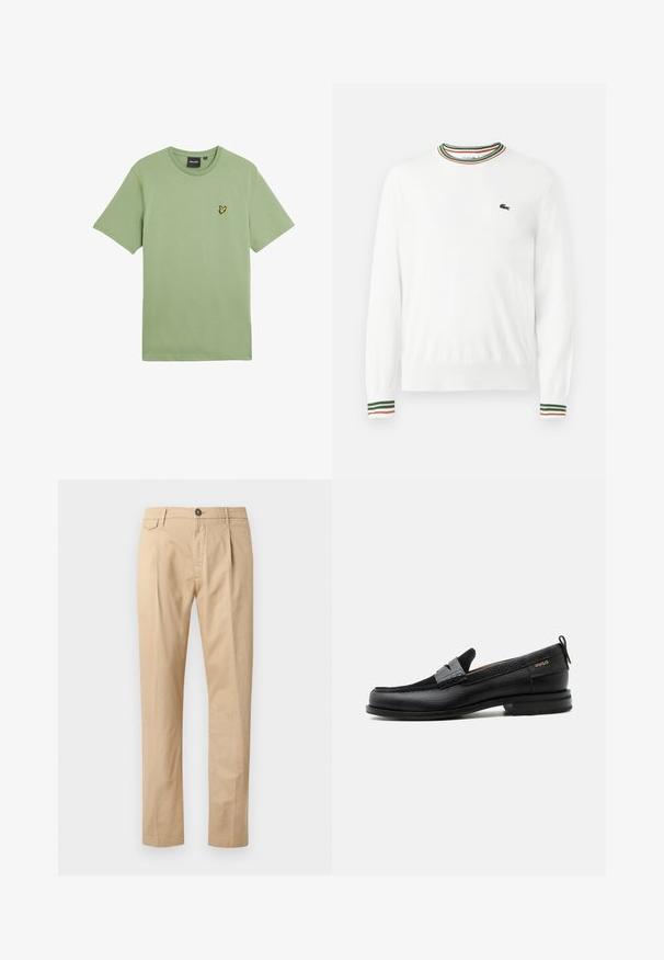 Biely sveter s okrúhlym výstrihom, ktorý má na golieri a rukávoch pruhy v zelených, červených a oranžových odtieňoch. Logo Lacoste na hrudi.; Zelené tričko s krátkymi rukávmi z hladkej tkaniny, s malým žltým logom vtáka na ľavej strane hrudníka. Dizajn s okrúhlym výstrihom.; Pánske rovné béžové bavlnené nohavice s prednými vreckami, pútkami na opasok, zapínaním na gombík a zips na bielom pozadí.; Čierny kožený mokasín so sivým remienkom, nízkym podpätkom a textúrovanou podrážkou, so značkou "HUGO" v zlatej farbe na boku.