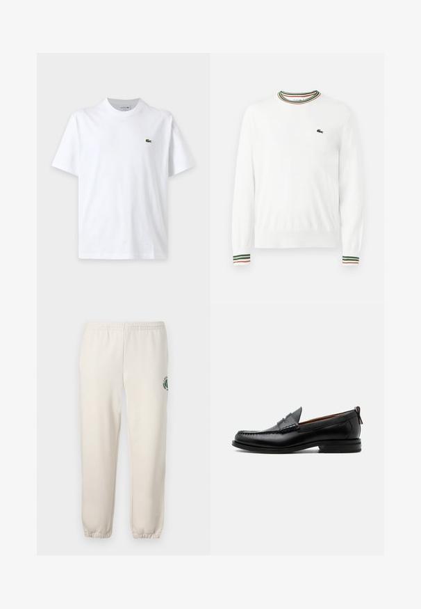 Biely sveter s okrúhlym výstrihom, ktorý má na golieri a rukávoch pruhy v zelených, červených a oranžových odtieňoch. Logo Lacoste na hrudi.; Jednoduché biele tričko s krátkym rukávom, okrúhlym výstrihom a malým zeleným logom krokodíla na ľavej strane hrudníka.; Svetlo béžové tepláky z bavlny s elastickým pásom, rebrovanými manžetami a zeleným logom s dizajnom listu na ľavej nohe.; Čierny kožený pánsky mokasín s prešitím moc toe, penny remienkom, textúrovaným golierom a nízkym vrstveným podpätkom na bielom pozadí.