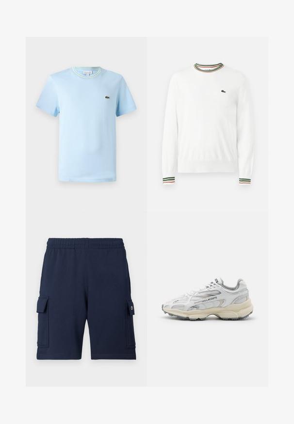 Weißer Pullover mit Rundhalsausschnitt, versehen mit grünen, roten und orangefarbenen gestreiften Akzenten am Kragen und den Ärmeln. Lacoste-Logo auf der Brust.; Hellblaues Baumwoll-T-Shirt mit kurzen Ärmeln, einem Rundhalsausschnitt mit einem grün-weißen gestreiften Rand und einem kleinen gestickten Logo auf der Brust.; Marineblaue Cargo-Shorts aus weichem Stoff, mit einem elastischen Bund, zwei Seitentaschen und einem kleinen Logoakzent auf der linken Tasche.; Weiße Sportschuhe mit grauen Akzenten, Obermaterial aus Mesh und Synthetik, Schnürdesign und rutschfester Gummisohle mit Strukturmustern.