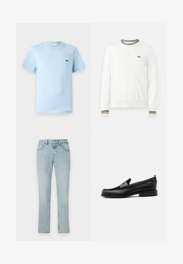 Biely sveter s okrúhlym výstrihom, ktorý má na golieri a rukávoch pruhy v zelených, červených a oranžových odtieňoch. Logo Lacoste na hrudi.; Svetlomodré bavlnené tričko s krátkymi rukávmi, s okrúhlym výstrihom a zeleno-bielym prúžkovaným lemovaním, a malou vyšitou nášivkou na hrudi.; Svetlomodré džíny z denimu so strihom rovnej nohy, mäkkou štruktúrou, prednými vreckami a jemnými efektmi vyblednutia. Obsahujú zapínanie na gombík a zips.; Čierny kožený mokasín so sivým remienkom, nízkym podpätkom a textúrovanou podrážkou, so značkou "HUGO" v zlatej farbe na boku.
