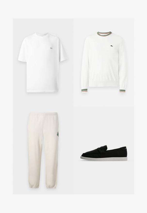 Valge sviiter, millel on ümmargune kaelus ja rohelised, punased ning oranžid triibud kaeluse ja varrukate ääres. Rinnal Lacoste logo.; Valge puuvillane T-särk ümmarguse kaeluse ja lühikeste varrukatega. Vasakul rinna küljes on väike must Lacoste'i logo.; Heledadbežased püksid, mis on valmistatud puuvillast, varustatud elastse vöökohtaga, soonikute lõpetustega ja vasakul jalal on roheline logo lehe kujundusega.; Mustad libisevad mokassiinid valge tekstuurse tallaga, õmmeldud pealmise osaga ja peene logoga küljel, tasasel heledal hallil taustal.