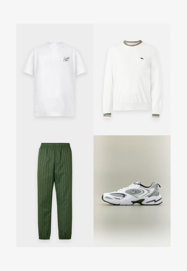 Valkoinen neule, jossa on pyöreä kaula-aukko, ja joka on varustettu vihreillä, punaisilla ja oransseilla raidoilla kauluksessa ja hihoissa. Lacoste-logo rinnassa.; Valkoinen puuvillat-paita, jossa on pyöreä kaula-aukko ja lyhyet hihat. Vasemmassa rinnassa on vihreä "Lacoste Paris" -logo. Pehmeä pinta.; Vihreät kuviolliset urheiluhousut, joissa on joustava vyötärö, kapenevat lahkeet ja geometrinen kuviointi kauttaaltaan. Valmistettu kevyestä materiaalista.; Valkoiset ja harmaat urheilulliset juoksukengät, joissa on verkkomaiset paneelit, vihreät yksityiskohdat, mustat yksityiskohdat ja logo sivulla, kuvattuna ulkosivusta.