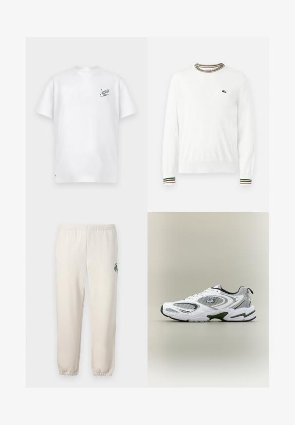Biely sveter s okrúhlym výstrihom, ktorý má na golieri a rukávoch pruhy v zelených, červených a oranžových odtieňoch. Logo Lacoste na hrudi.; Biela bavlnená tričko s kulatým výstrihom a krátkymi rukávmi. Na ľavej strane hrudníka sa nachádza zelené logo "Lacoste Paris". Mäkka textúra.; Svetlo béžové tepláky z bavlny s elastickým pásom, rebrovanými manžetami a zeleným logom s dizajnom listu na ľavej nohe.; Biele a šedé športové bežecké topánky so sieťovými panelmi, zelenými akcentmi, čiernymi detailmi a logom na boku, zobrazené z vonkajšej strany.