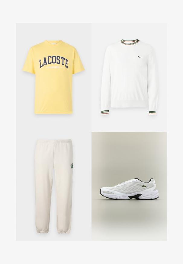 Hvid sweater med rund hals, prydet med grønne, røde og orange striber på kraven og ærmerne. Lacoste-logo på brystet.; Gul bomulds T-shirt med navy blå "LACOSTE" logo og "SPORTSWEAR" tekst nedenfor. Enkel design med rund hals og korte ærmer.; Lys beige sweatpants lavet af bomuld, med elastisk talje, ribbede mansjetter og et grønt logo med bladdesign på venstre ben.; Hvide atletiske sko med tekstureret mesh-overdel, buet design og kontrasterende sort ydersål. Har en grøn broderet logo på siden.