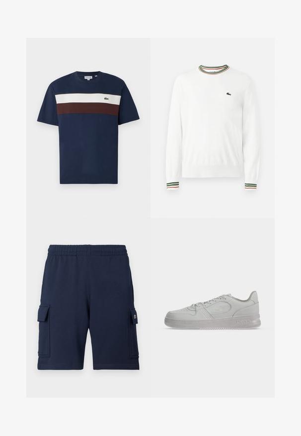 Biely sveter s okrúhlym výstrihom, ktorý má na golieri a rukávoch pruhy v zelených, červených a oranžových odtieňoch. Logo Lacoste na hrudi.; Námornícky modré bavlnené tričko s horizontálnymi pruhmi v krémovej a burgundskej farbe, s malým zeleným logom krokodíla na hrudi.; Námornícky modré cargo šortky vyrobené z mäkkej látky, s elastickým pásom, dvoma bočnými vreckami a malým logom na ľavom vrecku.; Biele nízke tenisky Lacoste so šnúrkami, reliéfne logo na boku a texturovaná podrážka na jednoduchom pozadí.