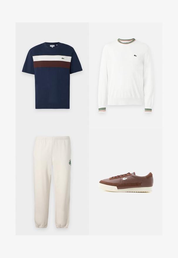 Biely sveter s okrúhlym výstrihom, ktorý má na golieri a rukávoch pruhy v zelených, červených a oranžových odtieňoch. Logo Lacoste na hrudi.; Námornícky modré bavlnené tričko s horizontálnymi pruhmi v krémovej a burgundskej farbe, s malým zeleným logom krokodíla na hrudi.; Svetlo béžové tepláky z bavlny s elastickým pásom, rebrovanými manžetami a zeleným logom s dizajnom listu na ľavej nohe.; Hnedá nízka teniska s bielou podrážkou, semišovými akcentmi, tmavo hnedými šnúrkami a bielym krokodílím logom na boku.