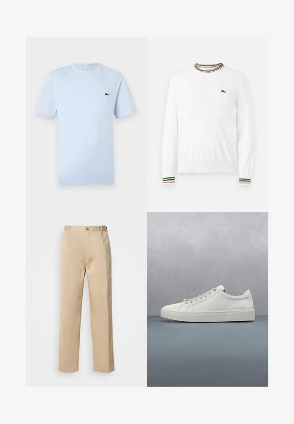 Suéter blanco con cuello redondo, que presenta acentos de rayas verdes, rojas y naranjas en el cuello y las mangas. Logo de Lacoste en el pecho.; Camiseta de manga corta azul claro hecha de un suave material de algodón. Presenta un pequeño logo bordado de cocodrilo verde en el pecho.; Pantalones beige hechos de una tela ligera, con un diseño de pierna recta, cinturilla con trabillas y un solo botón en la parte frontal.; Zapatilla blanca de cuero con punta redondeada, diseño minimalista, cordones grises y suela de goma texturizada gris. Detalles de costura sutiles visibles.