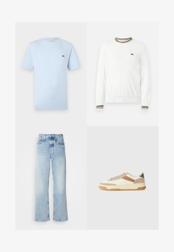 Weißer Pullover mit Rundhalsausschnitt, versehen mit grünen, roten und orangefarbenen gestreiften Akzenten am Kragen und den Ärmeln. Lacoste-Logo auf der Brust.; Helles blaues T-Shirt mit kurzen Ärmeln aus weichem Baumwollmaterial. Verfügt über ein kleines grünes gesticktes Krokodil-Logo auf der Brust.; Helle blaue weite Jeans mit hoher Taille, in verwaschenem Finish, mit Gürtelschlaufen und klassischem Fünf-Taschen-Design. Der Saum ist ungesäumt.; Sneaker in Beige, Creme und Olivgrün, aus Wildleder und Leder, mit runder Zehenpartie, minimalistischem Design und Gummisohle.