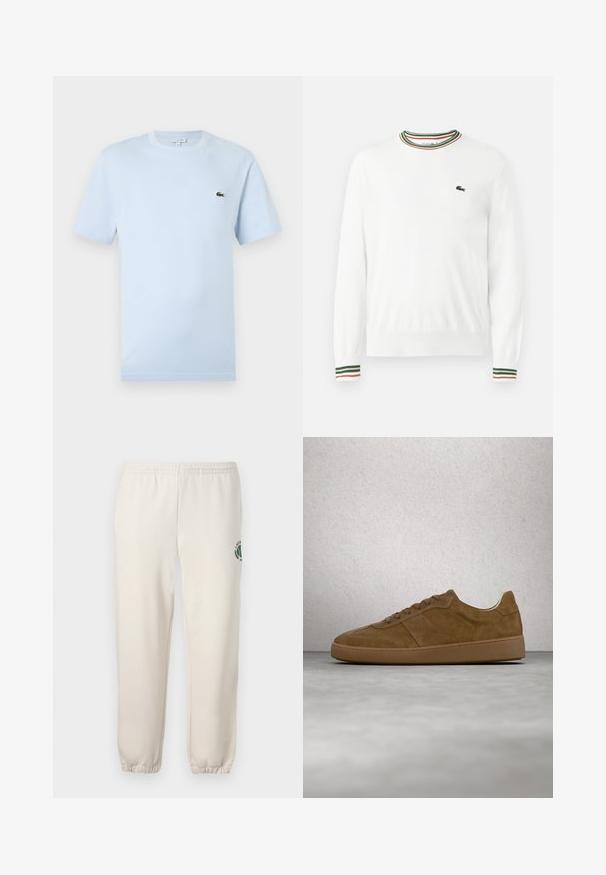 Suéter blanco con cuello redondo, que presenta acentos de rayas verdes, rojas y naranjas en el cuello y las mangas. Logo de Lacoste en el pecho.; Camiseta de manga corta azul claro hecha de un suave material de algodón. Presenta un pequeño logo bordado de cocodrilo verde en el pecho.; Pantalones de chándal de color beige claro, hechos de algodón, con una cinturilla elástica, puños acanalados y un logo verde con diseño de hoja en la pierna izquierda.; Zapatilla deportiva de ante marrón con cordones color beige y suela de goma. Presenta una puntera redondeada y detalles cosidos en la parte superior. Diseño ligero.