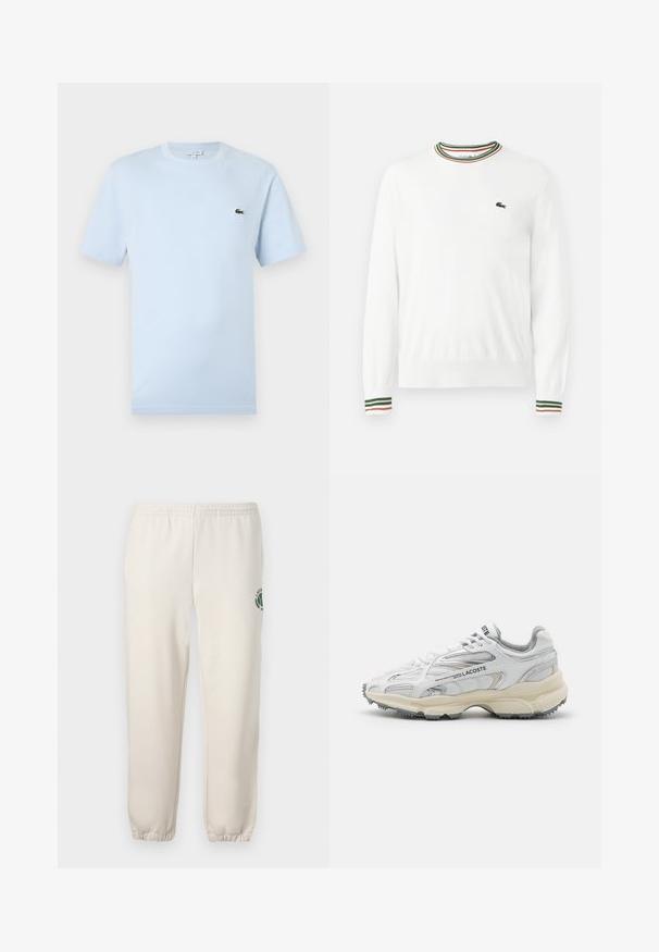 Biely sveter s okrúhlym výstrihom, ktorý má na golieri a rukávoch pruhy v zelených, červených a oranžových odtieňoch. Logo Lacoste na hrudi.; Svetlomodré tričko s krátkym rukávom vyrobené z jemnej bavlnenej látky. Na hrudi sa nachádza malý zelený výšivkový logo krokodíla.; Svetlo béžové tepláky z bavlny s elastickým pásom, rebrovanými manžetami a zeleným logom s dizajnom listu na ľavej nohe.; Biele športové topánky s šedými akcentmi, sieťovinovou a syntetickou vrchnou časťou, viazanie na šnúrky a texturovanou gumovou podrážkou s protišmykovými vzormi.