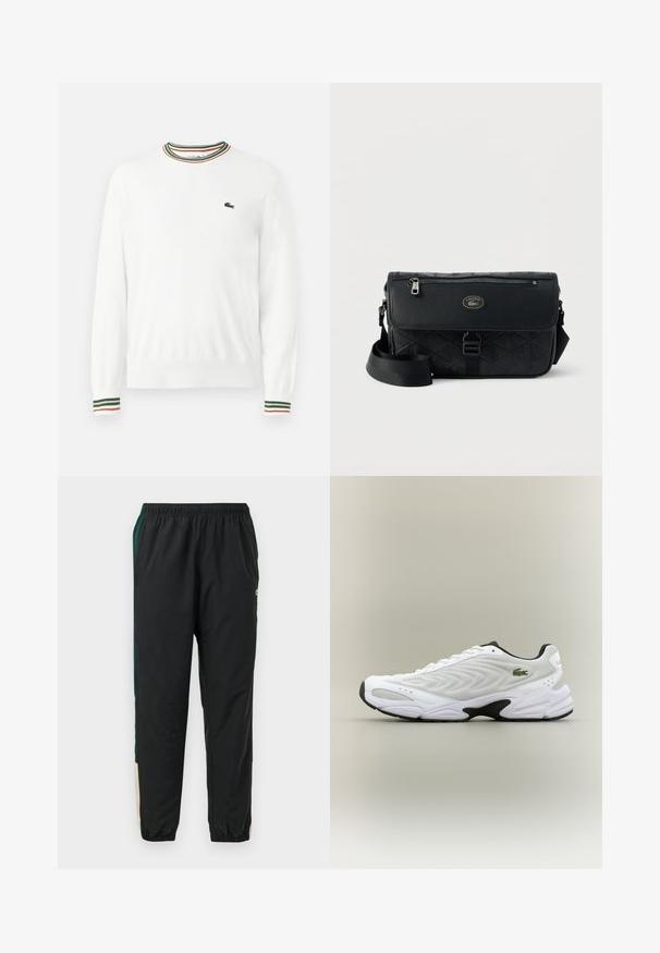 Witte trui met ronde hals, voorzien van groene, rode en oranje gestreepte accenten op de kraag en mouwen. Lacoste-logo op de borst.; Zwarte trainingsbroek met een elastische tailleband, voorzien van groene en beige zijpanelen en een taps toelopend ontwerp. Gemaakt van lichtgewicht materiaal.; Witte sportieve schoen met een textuur van gaas bovenwerk, gebogen ontwerp en contrasterende zwarte zool. Heeft een groen geborduurd logo aan de zijkant.; Zwarte boodschappentas met geometrische textuur, glad lederen klep, zilveren hardware en verstelbare schouderriem; voorzien van een ritssluitingvak.