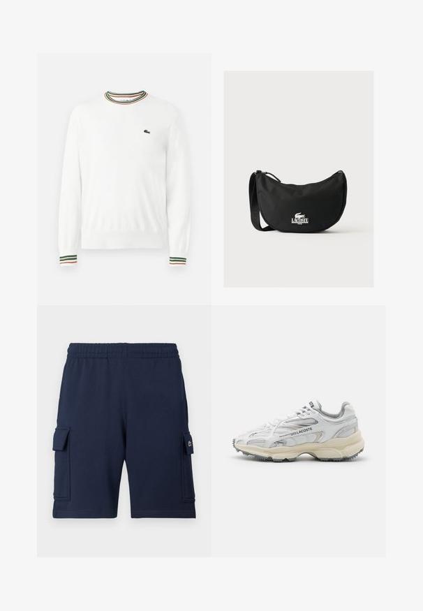 Weißer Pullover mit Rundhalsausschnitt, versehen mit grünen, roten und orangefarbenen gestreiften Akzenten am Kragen und den Ärmeln. Lacoste-Logo auf der Brust.; Marineblaue Cargo-Shorts aus weichem Stoff, mit einem elastischen Bund, zwei Seitentaschen und einem kleinen Logoakzent auf der linken Tasche.; Weiße Sportschuhe mit grauen Akzenten, Obermaterial aus Mesh und Synthetik, Schnürdesign und rutschfester Gummisohle mit Strukturmustern.; Schwarze Lacoste Schultertasche mit geschwungener Form, verstellbarem Riemen und weißem, geprägtem Krokodil-Logo über dem Markennamen auf der Vorderseite.