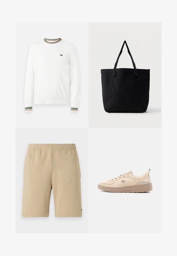 Weißer Pullover mit Rundhalsausschnitt, versehen mit grünen, roten und orangefarbenen gestreiften Akzenten am Kragen und den Ärmeln. Lacoste-Logo auf der Brust.; Beige Baumwollshorts mit einem elastischen Bund, knielangem Design und einem kleinen Logodetail auf der linken Seite. Glatte Textur und einfacher Schnitt.; Beige Wildleder-Sneaker mit Schnürung vorne, atmungsaktiven Perforationen, dicker Sohle und Zuglasche an der Ferse, seitlich auf weißem Hintergrund dargestellt.; Schwarze Canvas-Shopper-Tasche mit zwei Schulterriemen und einem dezenten, eingeprägten kreisförmigen Design auf der Vorderseite.