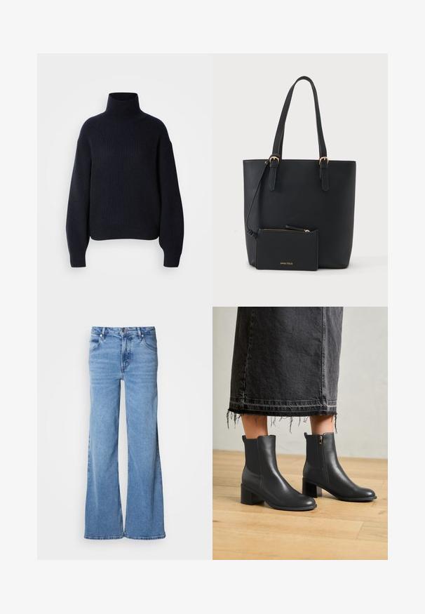 Mørkeblå ribbet rullekravesweater med dropped shoulders, tykk tekstur og afslappet pasform. Manchetter på ærmerne og kanten giver ekstra detalje.; Lyseblå jeans med vid ben lavet af denim. Har et klassisk fem-lomme-design og synlig knaplukning. Blød tekstur og enkel finish.; Sorte læder ankelsko med rund tå og blokhæel. Har en lynlås i siden og en glat tekstur. Båret med en flosset denimnederdel.; Sort læder tote taske med to håndtag og en matchende lille lynlåspung, fastgjort og mærket Anna Field med guldbogstaver.