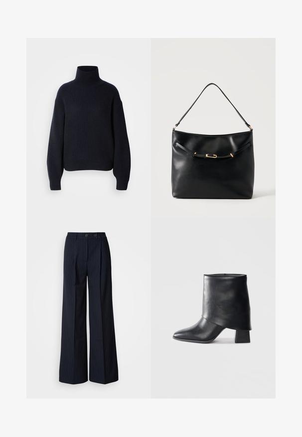 Mørkeblå ribbet rullekravesweater med dropped shoulders, tykk tekstur og afslappet pasform. Manchetter på ærmerne og kanten giver ekstra detalje.; Marineblå stribede bredbenede bukser med to frontknapper, skræddersyet design, præget fold foran og en glat tekstur.; Sort læder ankelstøvle med spids tå, glat tekstur og en struktureret blokhæl. Har et højt, foldet kravedesign.; Sort skuldertaske i læder med en enkel strop og en lille guldlåsdetalje foran mod en ensfarvet lys baggrund.