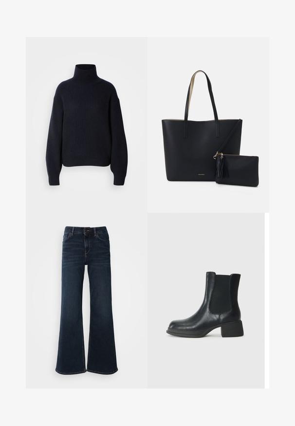 Mørkeblå ribbet rullekravesweater med dropped shoulders, tykk tekstur og afslappet pasform. Manchetter på ærmerne og kanten giver ekstra detalje.; Mos Mosh HERA - Flared jeans - dark blue; Sort læder ankelstøvle med elastiske sidepaneler, rund tå og en lav blokhæl. Overfladen har en glat struktur og minimal detaljer.; Sort tote taske med struktureret materiale, to lange håndtag og en aftagelig lynlåspose med en frynse-detalje. Guld mærkelogo synligt.
