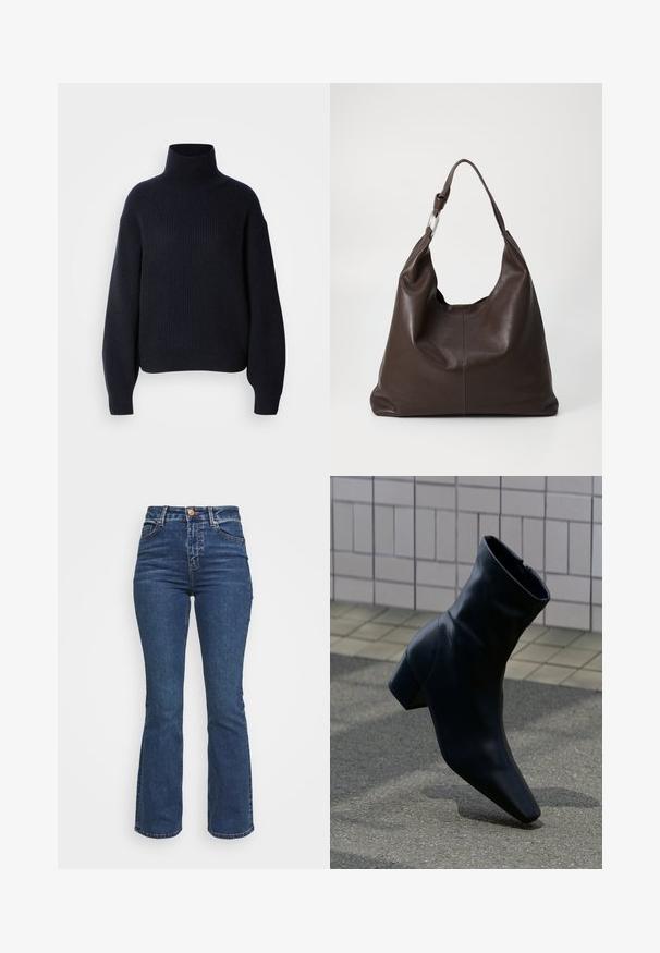Mørkeblå ribbet rullekravesweater med dropped shoulders, tykk tekstur og afslappet pasform. Manchetter på ærmerne og kanten giver ekstra detalje.; Højtaljede blå jeans lavet af denim. Flared ben-design med knaplukning og lommer. Har en klassisk vask og syning detaljer.; Sort læderankelstøvle med blokhæle, stående på en tekstureret asfaltflade nær en fliser væg.; Zign LEATHER - Shopping bags - chocolate brown