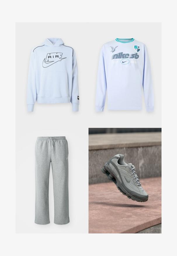 Lyseblå sweatshirt med hætte, med en sort "AIR"-logo og Nike-swoosh. Inkluderer en frontlomme og sort kontrastsyning.; Lyseblå langærmet skjorte med turkis halsstriber, grafisk tekst "nike sb EST. 2002", Nike-logo, fugleillustration og fire-ikon skjold på brystet.; Grå bomulds sweatpants med elastisk talje, snorelukning og lige ben. Har et lille logo på den øverste venstre side.; Grå og hvid Nike-sneaker ophængt over et stentrin med synlig luftpolstring og tekstureret sål.