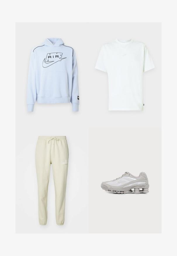 Lichtblauwe sweatshirt met capuchon, voorzien van een zwart "AIR" logo en Nike swoosh. Inclusief een zak aan de voorkant en zwarte accenten in de stikking.; Wit katoenen T-shirt met een ronde hals, korte mouwen en een klein reliëf Nike-logo op de borst. Zachte textuur en een ontspannen pasvorm.; Lichtbeige sweatpants gemaakt van zachte stof, met een elastische tailleband en trekkoord, gebreide enkels en een klein bedrukt logootje.; Grijze en witte sportschoen met zichtbare luchtkussenzool en meshpanelen, in profiel weergegeven op een eenvoudige lichte achtergrond.
