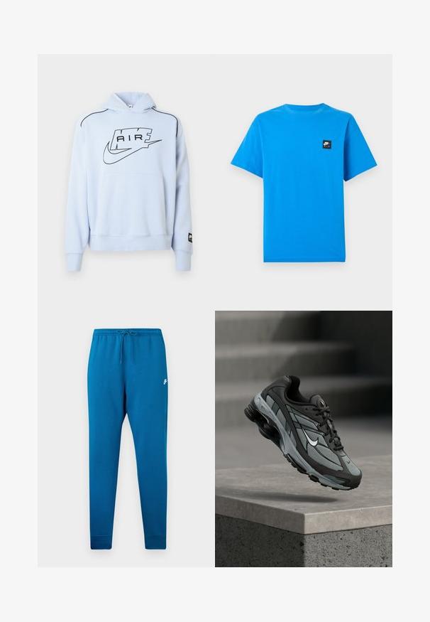 Hellblauer Kapuzenpullover mit schwarzem "AIR"-Logo und Nike-Swoosh. Mit einer Fronttasche und schwarzer Kontrastnaht.; Helles, blaues Kurzarm-T-Shirt mit Rundhalsausschnitt und kleinem schwarzem Nike Air Logo-Patch auf der linken Brust.; Blaue Sweathosen mit elastischem Bund und verstellbarem Kordelzug. Mit einem weißen Logo auf dem Oberschenkel und tapered Bündchen an den Knöcheln.; Grauer und schwarzer Sportschuh mit Netzpaneelen und dicker Sohle, schwebend in der Luft über einer Betonmauer mit Treppen im Hintergrund.
