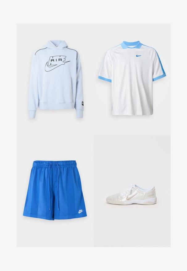 Sudadera azul clara con capucha, con un logo negro "AIR" y el símbolo de Nike. Incluye un bolsillo delantero y costuras de acento negro.; Camisa deportiva blanca de Nike con cuello azul claro, bordes de las mangas y rayas en los hombros, que presenta un pequeño swoosh azul de Nike en el pecho.; Pantalones cortos deportivos azules con cintura elástica y cordón, con el logo blanco de Nike en la parte inferior izquierda de la pierna.; Zapatillas deportivas plateadas claras con un upper liso y brillante, paneles cosidos, cordones blancos y acentos beige en el talón y el logo.