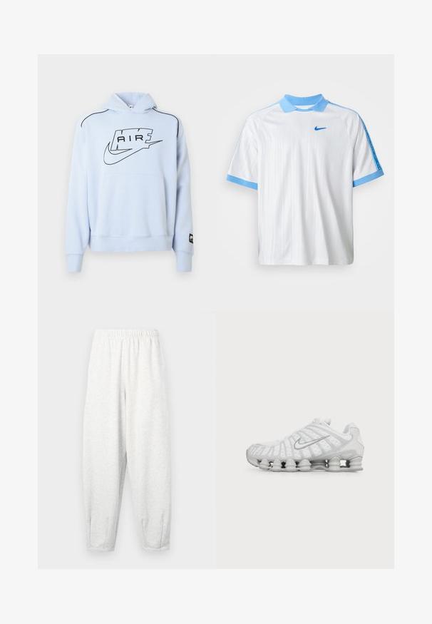 Lyseblå sweatshirt med hætte, med en sort "AIR"-logo og Nike-swoosh. Inkluderer en frontlomme og sort kontrastsyning.; Hvid Nike sports T-shirt med lyseblå krave, ærmekanter og skulderstriber, der har et lille blåt Nike swoosh på brystet.; Lyse grå sweatsbukser lavet af blødt stof, med elastisk talje, tætsiddende ben og ankelmanchetter. Simpelt design uden mønstre.; Hvid Nike løbesko med synlig luftstøbt sål og sølv swoosh-logo på siden, vist fra ydersiden.