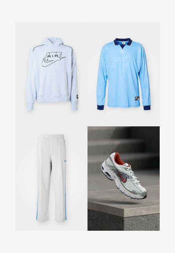Lichtblauwe sweatshirt met capuchon, voorzien van een zwart "AIR" logo en Nike swoosh. Inclusief een zak aan de voorkant en zwarte accenten in de stikking.; Lichtblauwe longsleeve polo met marineblauwe kraag en manchetten, voorzien van een subtiel all-over patroon en Nike-logo op de onderrand.; Lichtgrijze sportbroek met blauwe zijstrepen, met een relaxte pasvorm, elastische tailleband en ritszakken. Nike-logo aan de voorkant.; Witte en zilveren Nike hardloopschoen met rode accenten die zweeft boven een betonnen rand, waarbij de zijkant en zool details worden getoond.