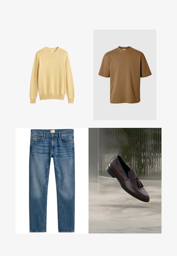 Lys gul sweater med rund hals, lange ærmer samt ribbede manchetter og kant, lagt fladt på en hvid baggrund.; Brun bomulds t-shirt med rund halsudskæring, korte ærmer og en afslappet pasform. Glat tekstur og ingen synlige mønstre eller detaljer.; Blå denimjeans med lige snit, der har fem lommer, knaplukning og let falmning over stoffet for tekstur.; Brune læder loafers med en glat tekstur, med dekorative kvaster og en forhøjet sømdetalje, sat mod en minimalistisk baggrund.