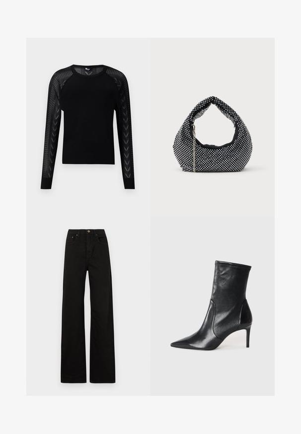 Sort sweater med ribbet tekstur, lange ærmer med gennemsigtige paneler og rund halsudskæring for et moderne udseende.; Sorte breddebenede jeans lavet af solidt stof. Har en frontknaplukning, bælteløkker og to forlommer. Glat, ensartet tekstur.; Sorte ankelstøvler lavet af glat læder, med spids tå, tætsiddende skaft og en slank høj hæl. Minimalistisk design uden synligt hardware.; Sort mesh håndtaske prydet med sølvnitter, udstyret med et buet håndtag og en kædetraspe. Blød tekstur med en rund form.