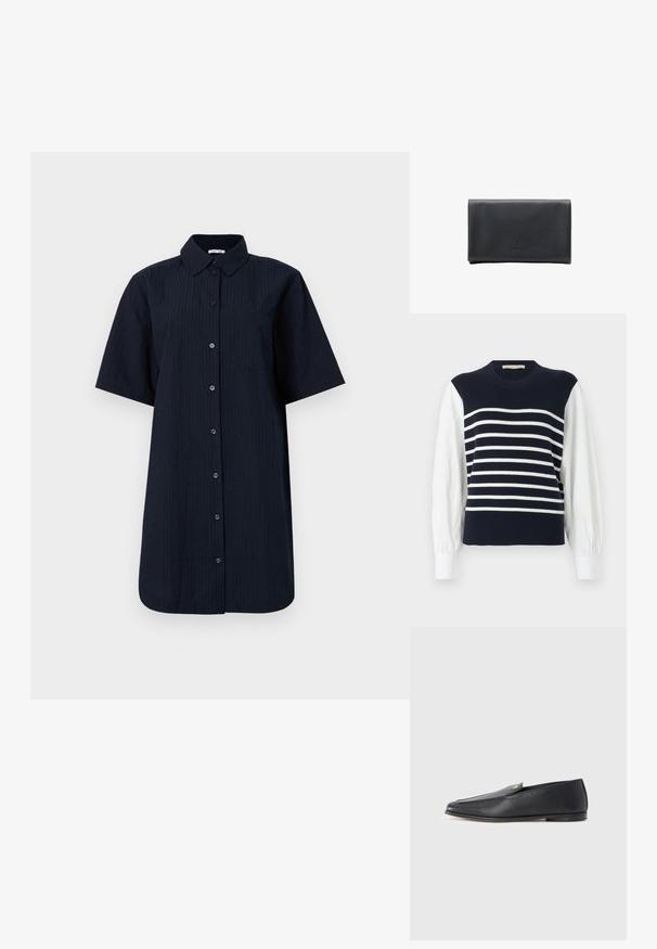 Gilet en tricot bleu marine avec des rayures blanches horizontales, porté sur des manches longues blanches bouffantes et des poignets blancs.; Chemise à manches courtes, à boutons, de couleur bleu marine foncé avec des rayures verticales, dotée d'une poche poitrine unique et d'un col structuré.; Mocassins en cuir noir à texture lisse, bout arrondi et détails de couture subtils. Ils présentent un accent logo doré sur le côté supérieur.; Portefeuille en cuir noir à texture lisse, forme rectangulaire, avec un logo embossé sur le devant. Aucun élément métallique ou accent visible.