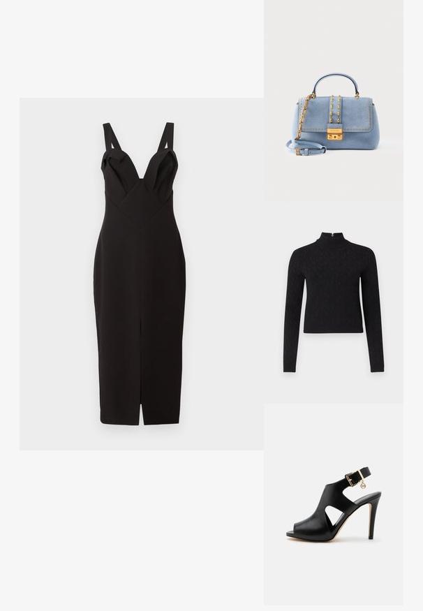 Schwarzes Langarmoberteil mit hohem Kragen und Reißverschluss am Kragen. Es verfügt über ein strukturiertes Muster und eine taillierte Silhouette.; Schwarzes, tailliertes Kleid mit tiefem V-Ausschnitt und breiten Trägern. Es hat ein knielanges Design und einen Schlitz vorne, gefertigt aus einem glatten Stoff.; Schwarze Leder-Sandalette mit hohem Absatz, offenem Zehenbereich, seitlichen Ausschnitten, Knöchelriemen, goldener Schnalle und kleinem rundem Anhänger auf hellem Hintergrund.; Hellblauer Wildleder-Handtasche mit goldfarbenen Nieten, Kettendetail, oberem Griff, verstellbarem Riemen und goldfarbenem Schlossverschluss auf der vorderen Klappe.
