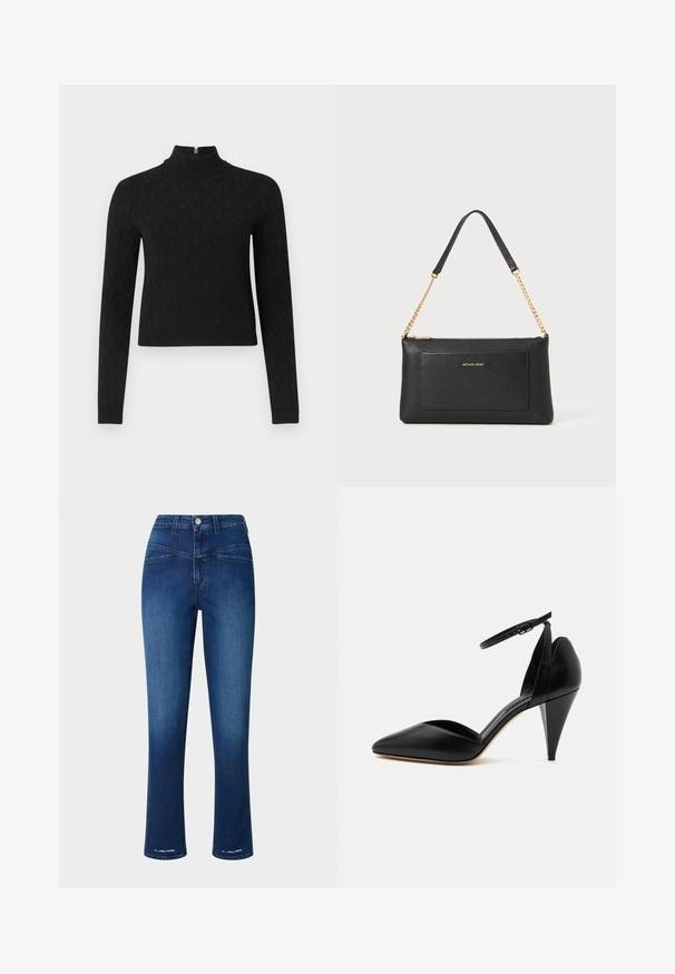 Haut noir à manches longues avec col montant et fermeture éclair au niveau du col. Présente un motif texturé et une silhouette ajustée.; Jean en denim bleu foncé avec taille haute, coupe slim, jambes droites et deux poches avant. Comprend un bouton en métal et des accents de couture.; Escarpin en cuir noir à bout pointu avec bride à la cheville et talon conique sur fond blanc.; Pochette en cuir noir avec une texture en relief, bandoulière en chaîne dorée et une poche avant. Elle arbore un logo doré sur le devant.