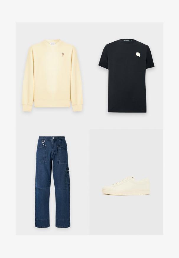 Crème-witte rondehals trui met lange mouwen en een klein geborduurd voslogo op de linkerborst.; Zwart T-shirt met korte mouwen, een ronde hals en een kleine witte tekstballongrafiek op de bovenste linkerborst.; Donkerblauwe denim cargo broek met een rechte snit, voorzien van meerdere zakken, metalen hardware en contrasterende stiksels.; Slofkleurige sneaker met een glad leren bovenwerk, ronde neus, vetersluiting en een geribbelde rubberen zool. Minimalistisch ontwerp, zonder logo's.