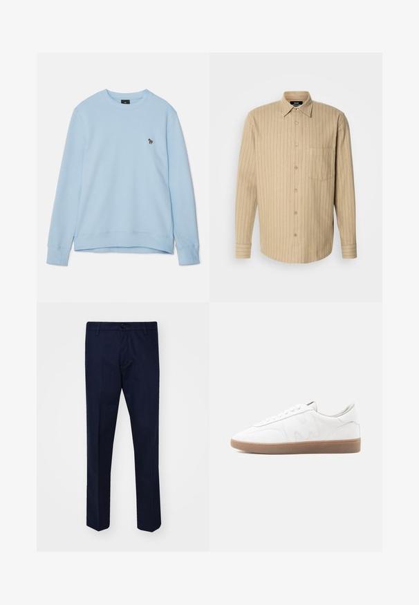 Lichtblauw sweatshirt met een ronde hals en geribde manchetten. Bevat een klein geborduurd ontwerp op de borst. Zachte stofstructuur.; Beige overhemd met verticale blauwe strepen, lange mouwen, één borstzak en een klassieke kraag. Zachte stofstructuur.; Navyblauwe broek van een gladde stof, met rechte pijpen, een knoopsluiting en voorzakken.; Witte lage sneaker met een zool van geschuurd rubber, gestikte overlays en een vetersluiting op een neutrale achtergrond.