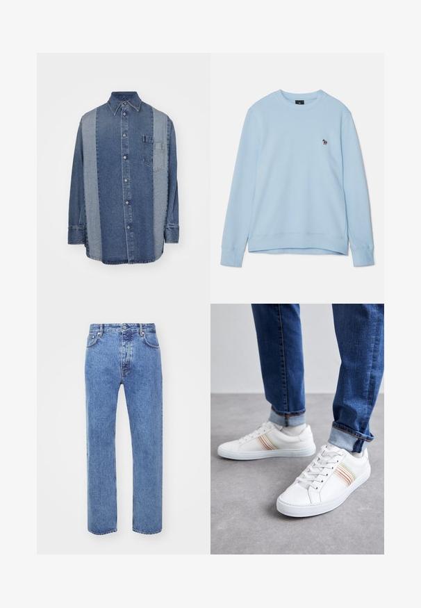 Sweatshirt bleu clair avec un col ras du cou et des poignets côtelés. Présente un petit motif brodé sur la poitrine. Texture de tissu douce.; Chemise en denim avec un design bicolore comportant des sections bleu foncé et bleu clair, avec un devant à boutons, un col et une poche poitrine.; Won Hundred STEVE - Jean boyfriend - cut blue; Baskets en cuir blanc avec des rayures multicolores, design à lacets, semelle en caoutchouc et col rembourré, associées à un jean en denim bleu.