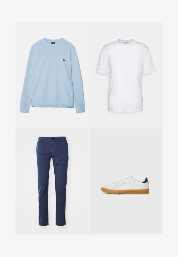 Lys blå sweatshirt med rund hals og ribbede manchetter. Har et lille broderet design på brystet. Blød stofstruktur.; Hvid bomulds t-shirt med rund hals, korte ærmer og lige kant. Har et lille mærke på den venstre sidesøm.; Mørkeblå bomulds chinos med lige bendesign, der har en enkelt knaplukning foran og sidelommer. Glat tekstur, klassisk pasform.; Hvide lædersneakers med perfereret design, gummisul, grøn hælaccent og farverig stribe detalje på siden.
