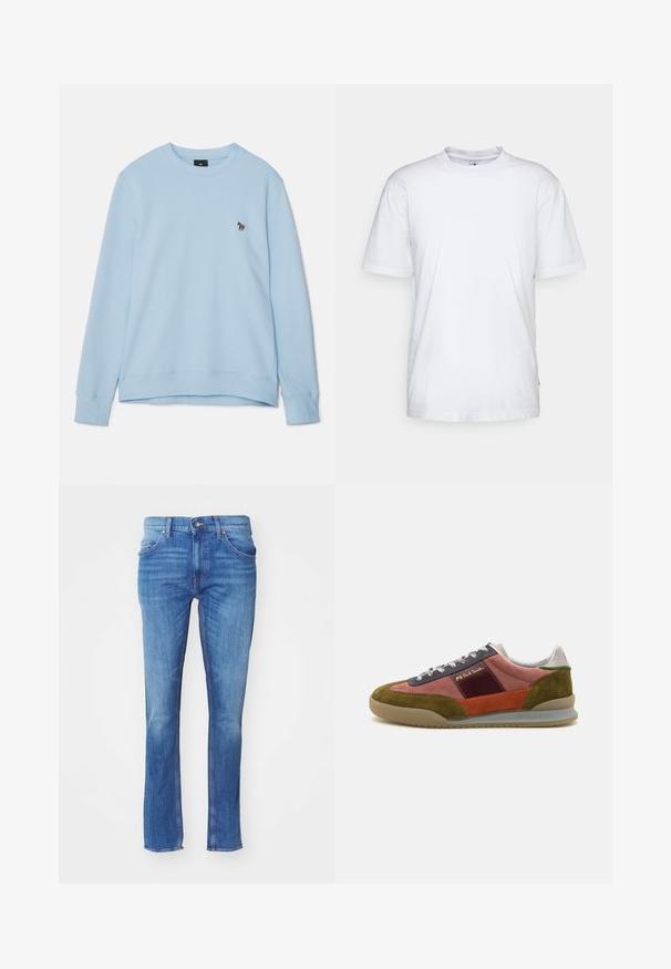 Lichtblauw sweatshirt met een ronde hals en geribde manchetten. Bevat een klein geborduurd ontwerp op de borst. Zachte stofstructuur.; Witte katoenen t-shirt met een ronde hals, korte mouwen en een rechte zoom. Heeft een klein merktag aan de linkerkant van de zijnaad.; Blauwe spijkerbroek met een recht model, voorzien van een knoopsluiting, vijf zakken en subtiele vervaging, tegen een witte achtergrond.; PS Paul Smith DOVER - Sneakers laag - pink
