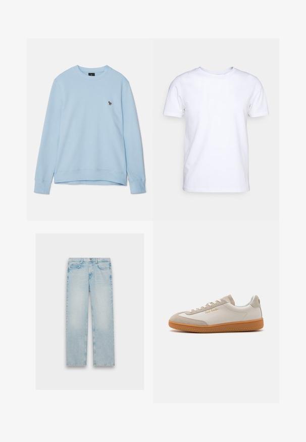 Hellblaues Sweatshirt mit runder Ausschnitt und gerippten Bündchen. Enthält ein kleines gesticktes Design auf der Brust. Weicher Stoff.; Weißes T-Shirt mit kurzen Ärmeln aus Baumwollstoff und rundem Halsausschnitt. Schlichtes Design ohne Muster oder Akzente. Glatte Textur.; Hellblaue Jeans aus Denim mit geradem Bein, fünf Taschen und einem verwaschenen Finish. Metallbeschläge und gestickte Details sind sichtbar.; Weiße und beigefarbene Low-Top-Sneaker mit Gummisohle, weißen Schnürsenkeln, Wildleder-Details und goldenem "Paul Smith"-Logo an der Seite.
