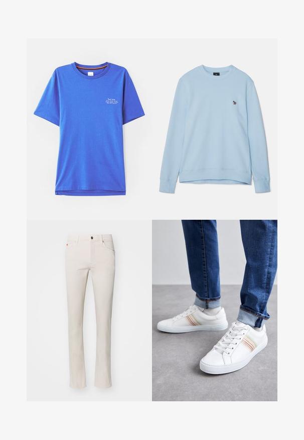 Hellblaues Sweatshirt mit runder Ausschnitt und gerippten Bündchen. Enthält ein kleines gesticktes Design auf der Brust. Weicher Stoff.; Blaues Baumwoll-T-Shirt mit kurzen Ärmeln und Rundhalsausschnitt, mit weißem Drucktext auf der oberen linken Seite. Glatte Textur und lockere Passform.; Beige Straight-Leg-Jeans aus einem Baumwoll-Mischgewebe. Mit traditionellem Fünf-Taschen-Design und Metallknopfverschluss am Bund.; Weiße Leder-Sneaker mit mehrfarbigen Streifen, Schnürdesign, Gummisohle und gepolstertem Kragen, kombiniert mit blauen Jeans.