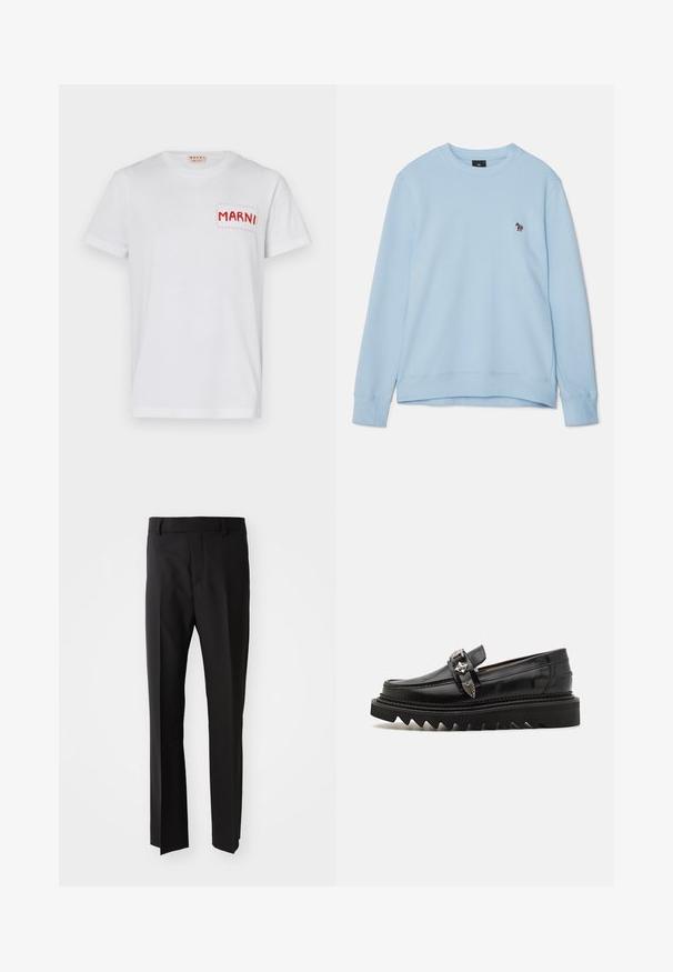 Hellblaues Sweatshirt mit runder Ausschnitt und gerippten Bündchen. Enthält ein kleines gesticktes Design auf der Brust. Weicher Stoff.; Weißes Baumwoll-T-Shirt mit einer rot gestickten Tasche mit "MARNI" auf der linken Brust und kurzen Ärmeln. Glatte Textur, klassischer Rundhalsausschnitt.; Schwarze Hose mit geradem Schnitt, aus glattem Stoff gefertigt, mit Gürtelschlaufenbund und Seitentaschen. Keine sichtbaren Muster oder Akzente.; Schwarze Leder Slipper mit silbernen Hardware-Akzenten, einer erhöhten Zickzack-Sohle und einem schlanken, runden Design; glatte Textur und glänzende Oberfläche.