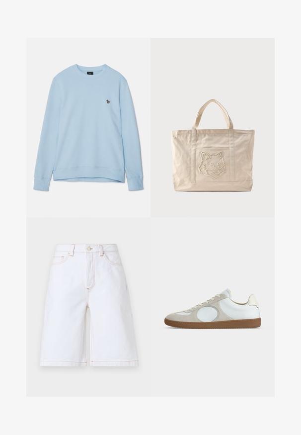 Sweatshirt bleu clair avec un col ras du cou et des poignets côtelés. Présente un petit motif brodé sur la poitrine. Texture de tissu douce.; Shorts en denim blanc avec une coupe droite, cinq poches et des coutures contrastantes couleur tan. Comprend une fermeture avec bouton et zip à l'avant.; Baskets décontractées à profil bas avec tige en cuir blanc, accents en daim beige clair, bout rond, lacets blancs et semelle en gomme.; Sac fourre-tout en toile beige avec doubles anses et un motif en relief de tête de loup sur la poche avant.