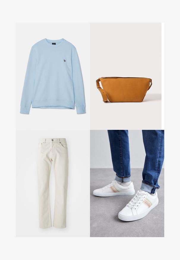 Hellblaues Sweatshirt mit runder Ausschnitt und gerippten Bündchen. Enthält ein kleines gesticktes Design auf der Brust. Weicher Stoff.; Helle beige Jeans aus Baumwolle mit geradem Bein, fünf Taschen und silbernem Metallknopfverschluss.; Weiße Leder-Sneaker mit mehrfarbigen Streifen, Schnürdesign, Gummisohle und gepolstertem Kragen, kombiniert mit blauen Jeans.; Hellbraune Leder-Umhängetasche mit verstellbarem Schulterriemen und Reißverschluss, vor einem schlichten hellen Hintergrund gezeigt.