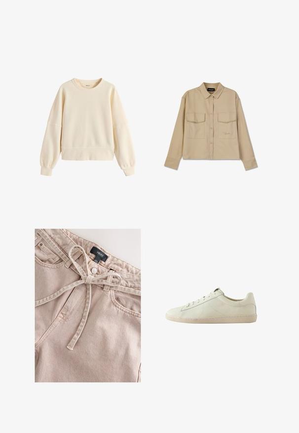 Kremfarvet sweatshirt med rund halsudskæring, lange ballonærmer og ribstrikkede manchetter og kant, enkel casual stil.; Beige langærmet skjorte lavet af blødt stof, med knaplukning, to brystlommer og lige kant. Subtil logo broderi foran.; Lyserøde denimbukser med bindebånd i taljen, med frontknap, bæltestropper og to forlommer, der viser et tekstureret stof.; Lavskaftet hvid lædersneakers med tekstureret overflade, snørelukning og en beige gummisål, vist fra siden på en hvid baggrund.